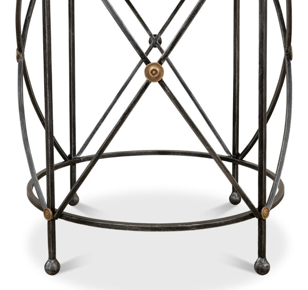 Sarreid Drum Lamp Table With Aged White Marble Top, Antique Brass Accents & Old Iron Finish Design Grey  27885