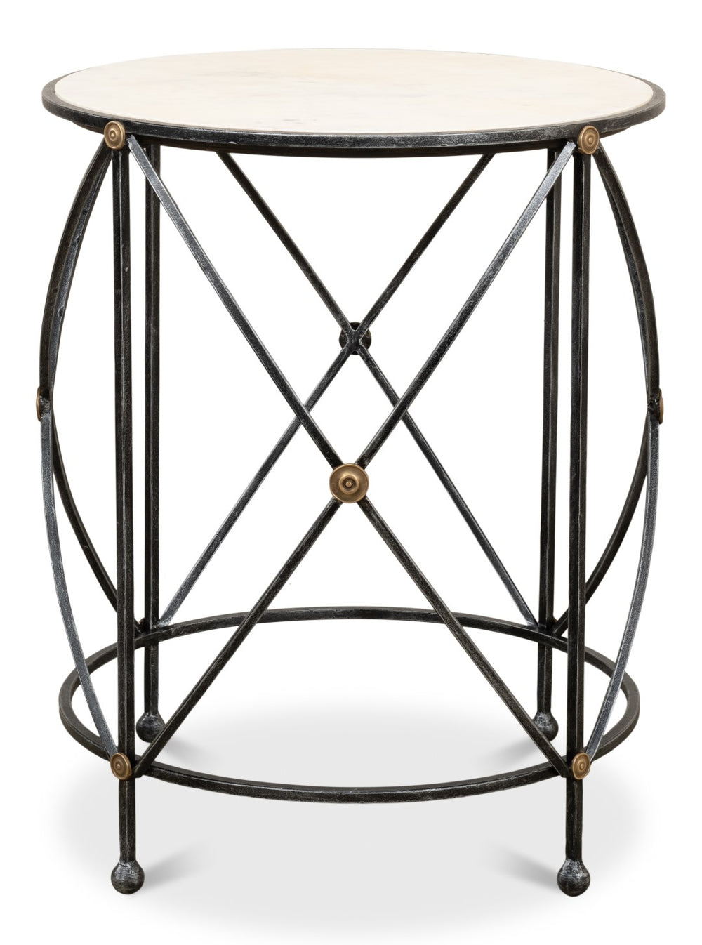 Sarreid Drum Lamp Table With Aged White Marble Top, Antique Brass Accents & Old Iron Finish Design Grey  27885