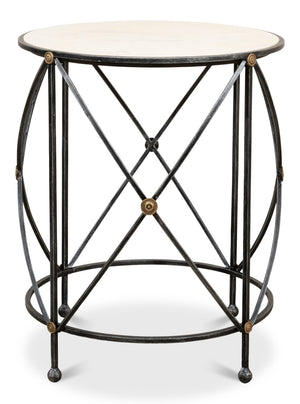 Sarreid Drum Lamp Table With Aged White Marble Top, Antique Brass Accents & Old Iron Finish Design Grey  27885