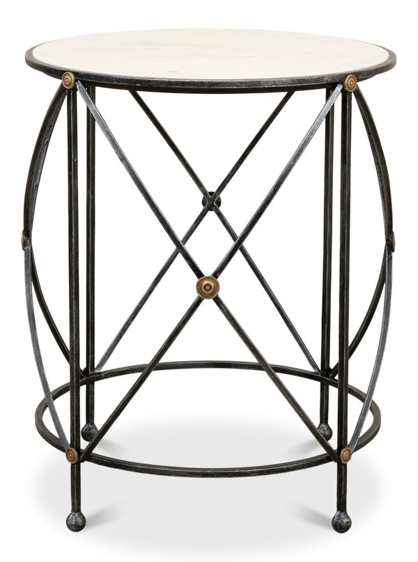 Sarreid Drum Lamp Table With Aged White Marble Top, Antique Brass Accents & Old Iron Finish Design Grey  27885