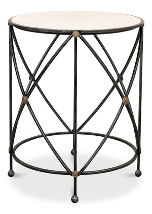 Sarreid Drum Lamp Table With Aged White Marble Top, Antique Brass Accents & Old Iron Finish Design Grey  27885