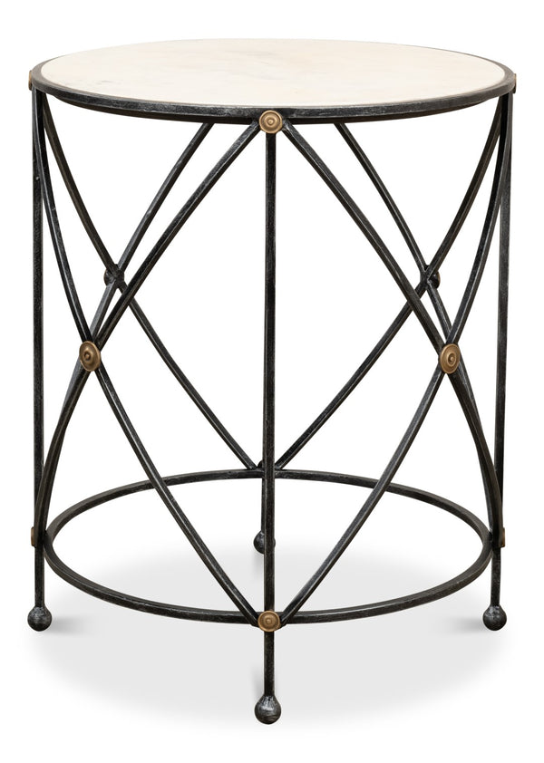 Sarreid Drum Lamp Table With Aged White Marble Top, Antique Brass Accents & Old Iron Finish Design Grey  27885