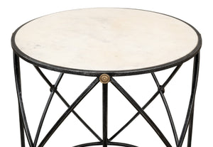 Sarreid Drum Lamp Table With Aged White Marble Top, Antique Brass Accents & Old Iron Finish Design Grey  27885