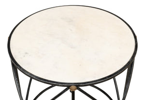 Sarreid Drum Lamp Table With Aged White Marble Top, Antique Brass Accents & Old Iron Finish Design Grey  27885