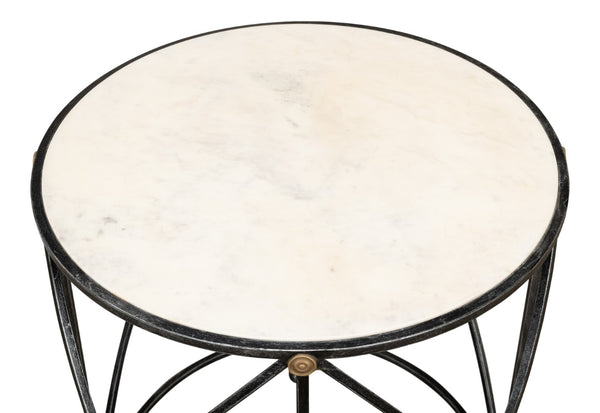 Sarreid Drum Lamp Table With Aged White Marble Top, Antique Brass Accents & Old Iron Finish Design Grey  27885