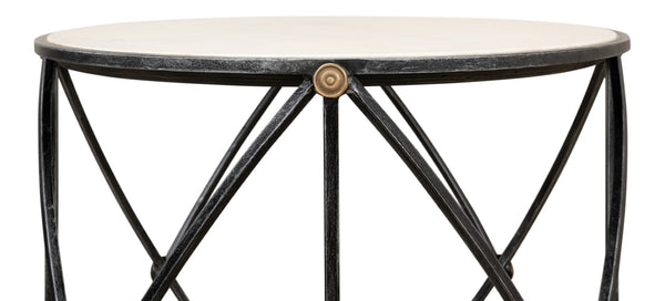 Sarreid Drum Lamp Table With Aged White Marble Top, Antique Brass Accents & Old Iron Finish Design Grey  27885