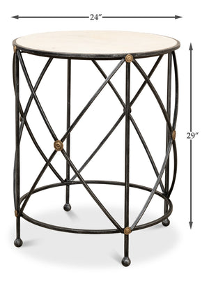 Sarreid Drum Lamp Table With Aged White Marble Top, Antique Brass Accents & Old Iron Finish Design Grey  27885