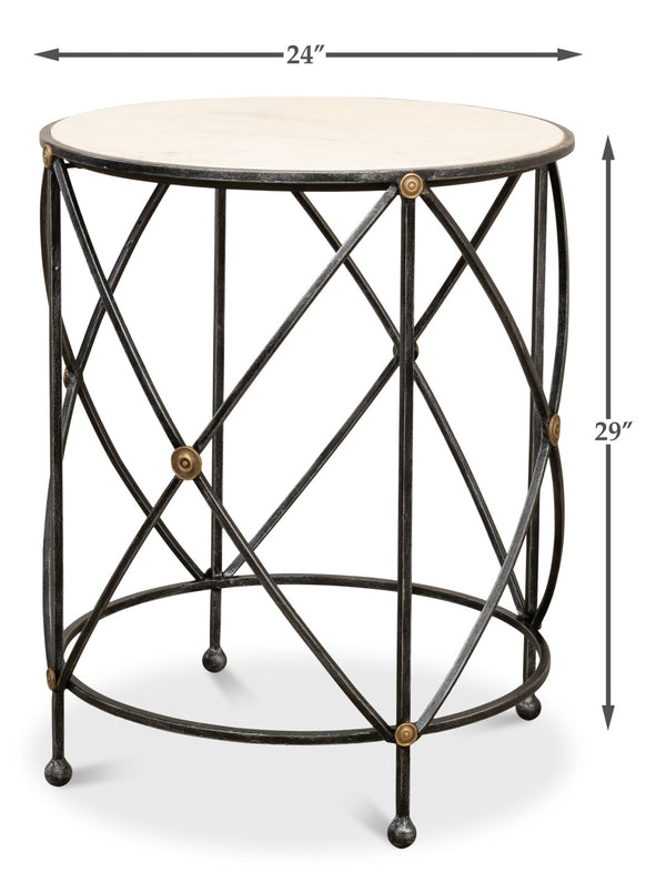 Sarreid Drum Lamp Table With Aged White Marble Top, Antique Brass Accents & Old Iron Finish Design Grey  27885