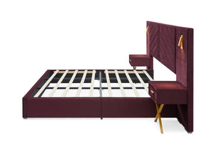 English Elm Queen Velvet Wingback Platform Bed Channel Tufted Upholstered Frame No Box Spring Red W1793S00053