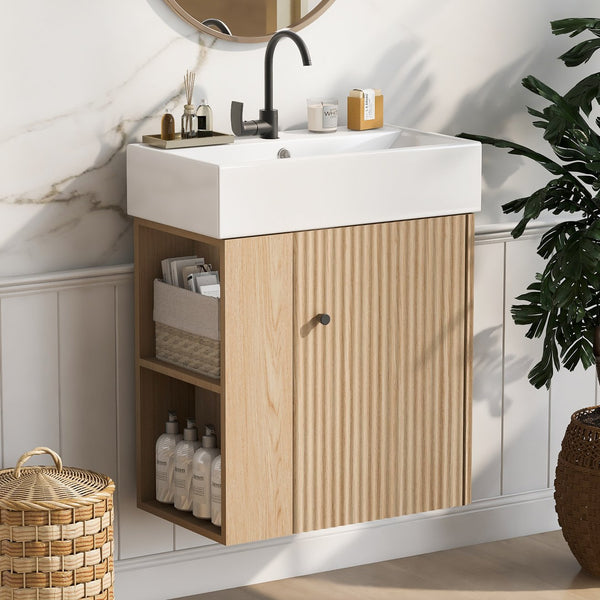 English Elm 21.6 Modern Floating Bathroom Vanity with Ceramic Basin, Wave Door, Rose Gold Handle, Space-Saving Wood N729P170390D