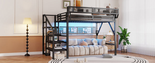English Elm Queen Metal Loft Bed with Staircase Wardrobe Rgb Lighting Industrial Frame W2580S00067