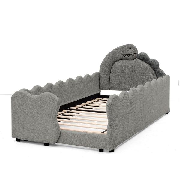 English Elm Twin Dinosaur Boucle Upholstered Kids Bed Solid Wood Frame with Padded Safety Rails Grey W1413P384918