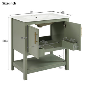 English Elm 30-Inch Green Bathroom Vanity With Ceramic Sink, Elegant Design, Smart Storage For Small Spaces WF325888AAF
