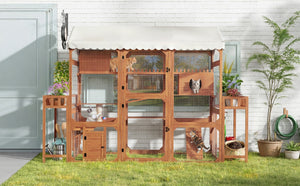 English Elm Large Pine Wood Catio Outdoor Cat Enclosure with Wire Mesh and Dual Plant Stands Brown N704G201617P