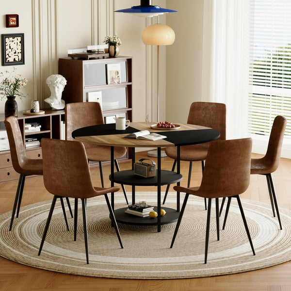 English Elm Table and Chair Set 47 Inch Round Geometric Two-tone Dining with Storage Base W1151S03340