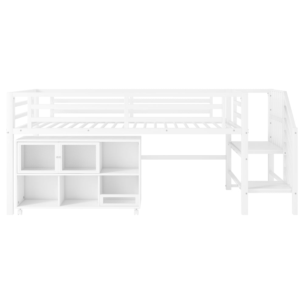 English Elm Twin Metal Loft Bed with Stairs and Six Storage Cubbies, Sturdy Metal Slat Support, Safe Low Design for Kids White 75.2 L x 17.72 W x 9.45 H W2593P305721
