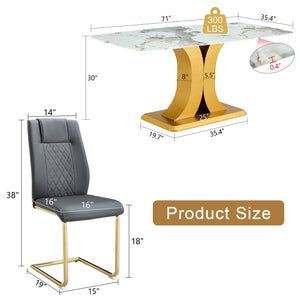 English Elm Table Set: Luxurious 9-Piece Dining Set With Pandora Glass Top, Golden Legs & 8 Gray Pu Chairs For Style W1151S03230-GIGA