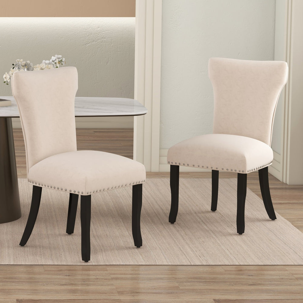 English Elm Heng velvet dining chair with T-strap ergonomic back, thick cushion, solid wood legs, luxe feel Beige W212P224919