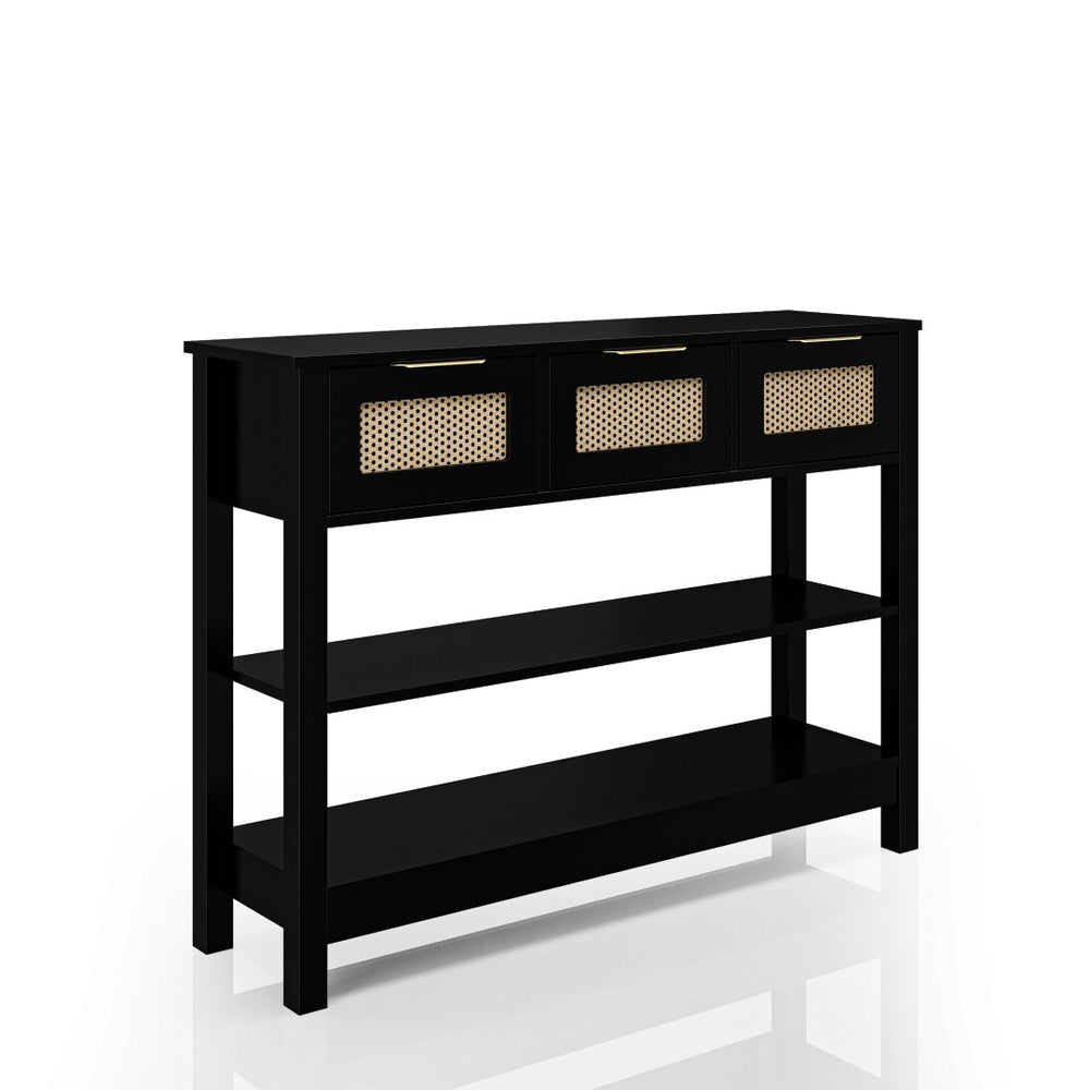 English Elm 43.3" Farmhouse Console Table Rattan Drawer Fronts Open Shelving Entryway Storage Black T3210P426419