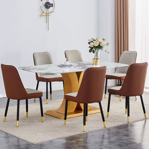 English Elm Table Luxurious Pandora Glass Dining Set With Golden C-Shaped Legs & 6 Ergonomic Pu Chairs, 71"X35.4" W1151S03248-GIGA