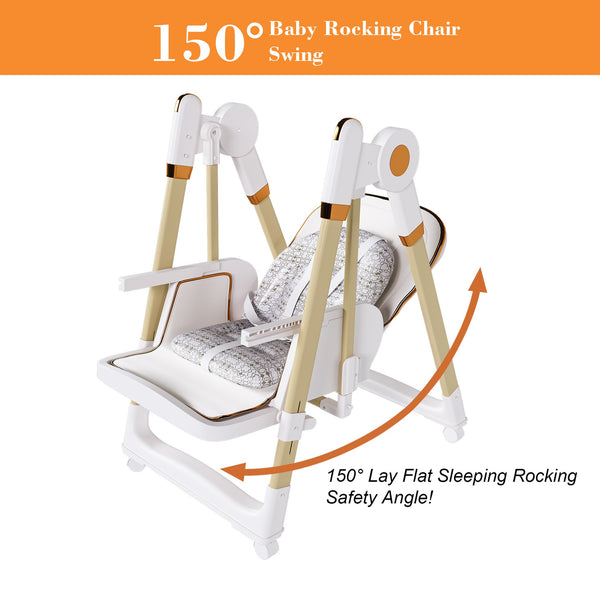 English Elm Convertible Baby High Chair to Rocker with 5-Point Harness, Foldable Feeding Seat, Quiet Wheels, Easy-Clean Tray and Adjustable Recline for Infants and Toddlers White W2699P371974