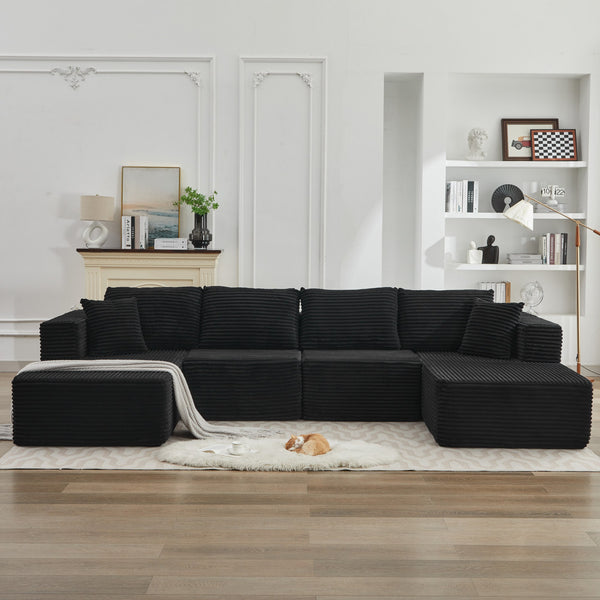 English Elm 106" Cloud Sectional Couch - Modern Double Chaise Sofa In Black Plush Corduroy, No Assembly Needed! W1143S00030