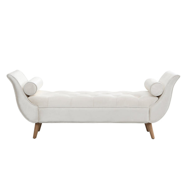 English Elm Upholstered Velvet Tufted Bench with Bolster Pillows Solid Oak Legs Bedroom Entryway N761P304407W