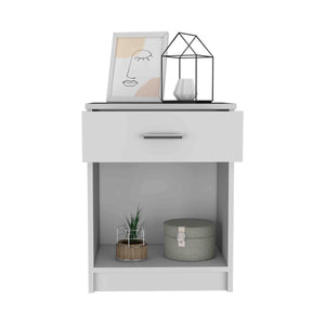 English Elm Eco Nightstand with Spacious Drawer and Open Shelf, Compact 21.7" Height Durable Laminated Finish White 25.6 L x 18.5 W x 5.5 H B20091853