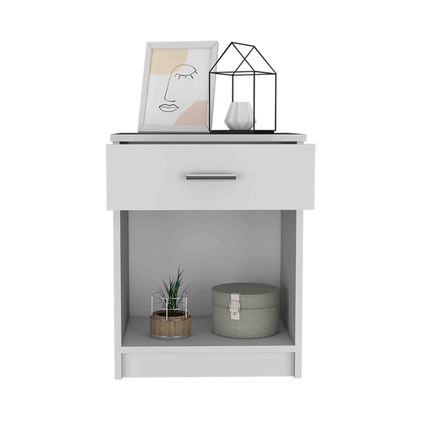English Elm Eco Nightstand with Spacious Drawer and Open Shelf, Compact 21.7" Height Durable Laminated Finish White 25.6 L x 18.5 W x 5.5 H B20091853