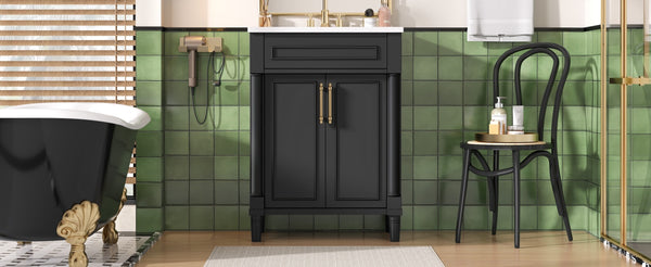English Elm 24" Bathroom Vanity with Integrated Ceramic Sink and Adjustable Shelf, Vintage Hardware, Space-Saving Design Black N710P277711B