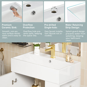 English Elm 21.6" White Bathroom Vanity with Ceramic Sink, Right Side Storage, Gold Legs, Soft-Close, Modern Elegance SV000006AAE