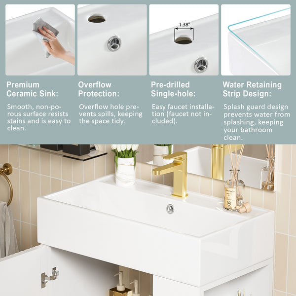 English Elm 21.6" White Bathroom Vanity with Ceramic Sink, Right Side Storage, Gold Legs, Soft-Close, Modern Elegance SV000006AAE