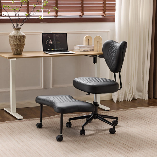 English Elm Meditation ergonomic cross-legged chair with lumbar support, adjustable cushion, casters, plush comfort Black W3248P354248