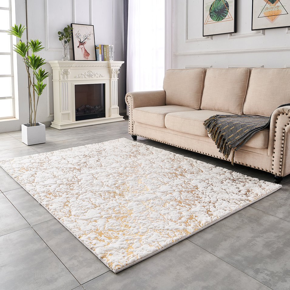 English Elm Luxury Faux Fur Area Rug - Plush White & Gold-Gilded Abstract Design, Machine Washable & Durable B030P233662