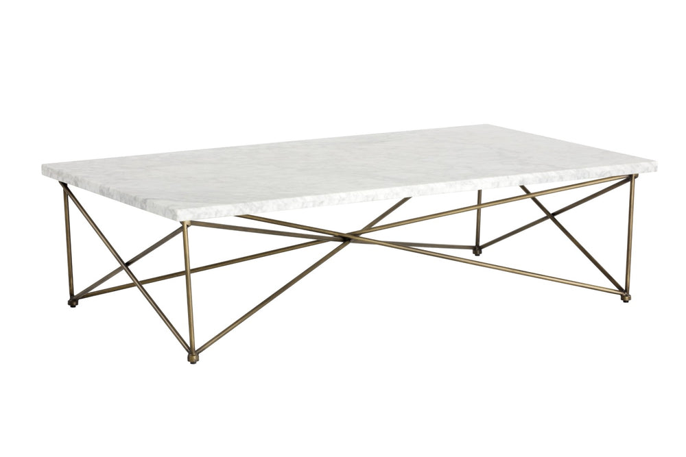 Sunpan SKYY Marble Coffee Table - Elegant Rectangular Design with Antique Brass Base for Modern Spaces 102387