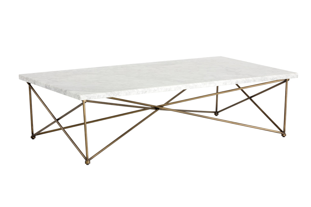 Sunpan Skyy Coffee Table - Elegant Carrara Marble Design with Antique Brass Frame for Modern Spaces Rectangular - 55W x 31.5D x 15H