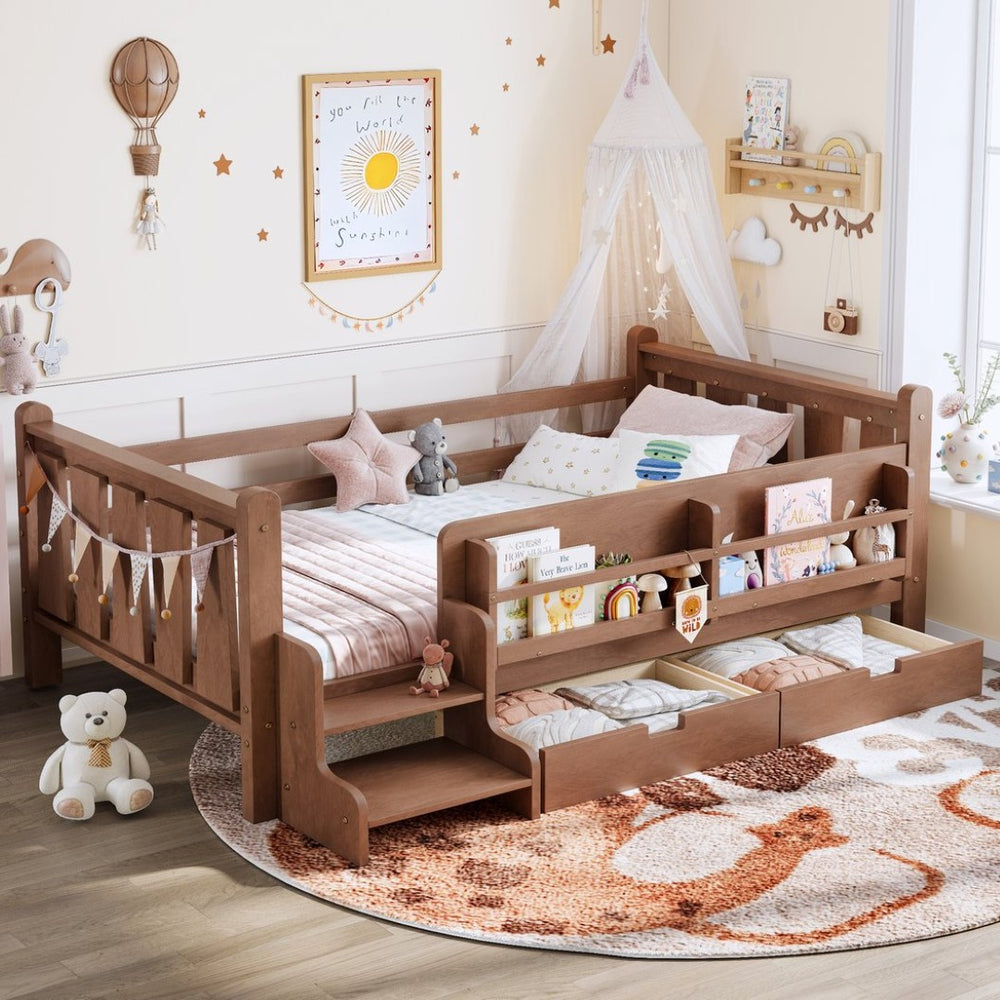 English Elm Twin Pine Floor Bed with Guardrails Built-in Bookcases and Stair Steps for Kids Natural W1580P430200