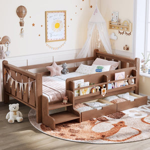 English Elm Twin Pine Floor Bed with Guardrails Built-in Bookcases and Stair Steps for Kids Natural W1580P430200