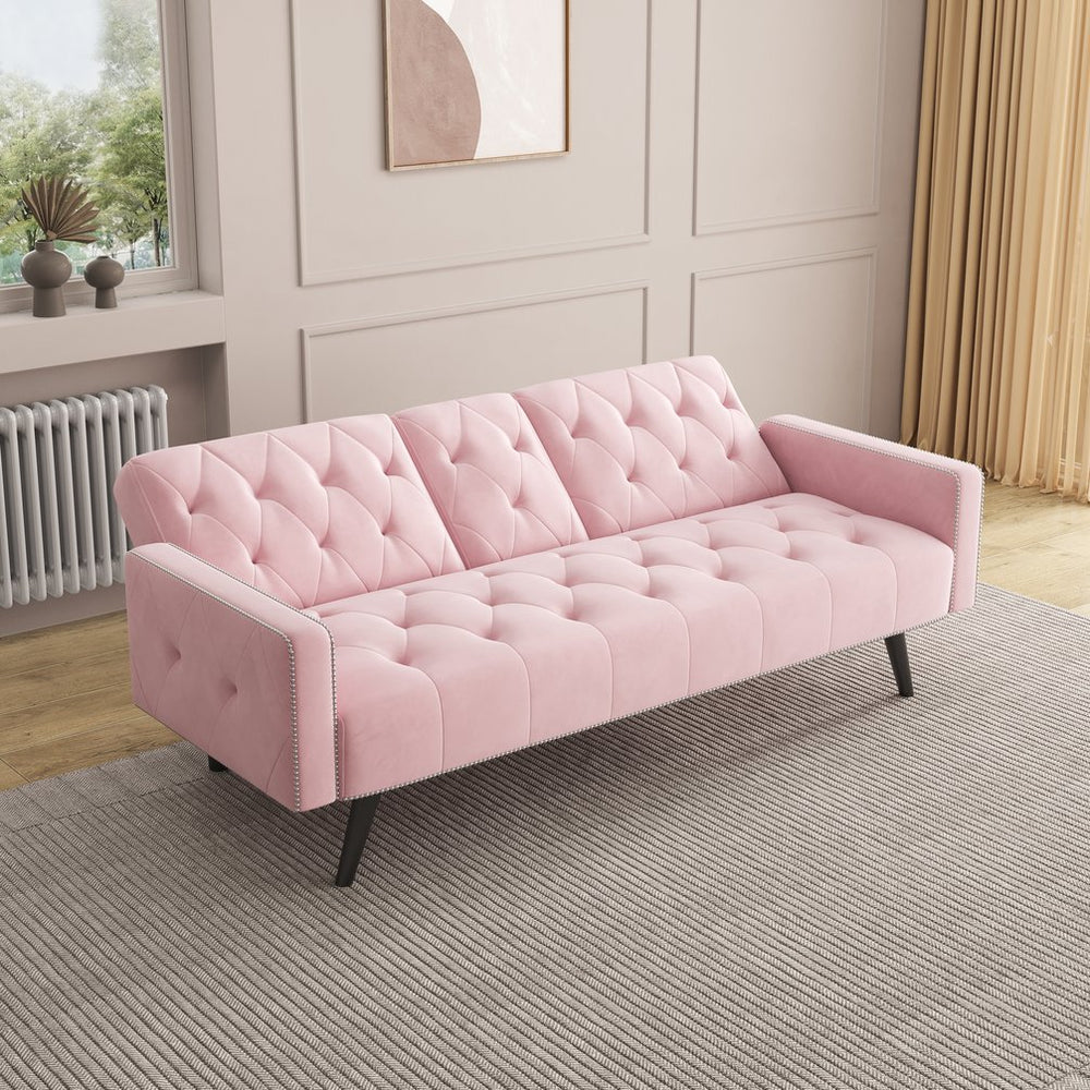 English Elm 1730 Pink Velvet Sofa Bed with Nailhead Trim, 72" Convertible Sleeper for Small Spaces, 2-Seater W3371P302290