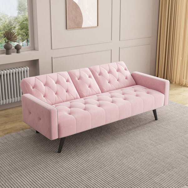 English Elm 1730 Pink Velvet Sofa Bed with Nailhead Trim, 72" Convertible Sleeper for Small Spaces, 2-Seater W3371P302290