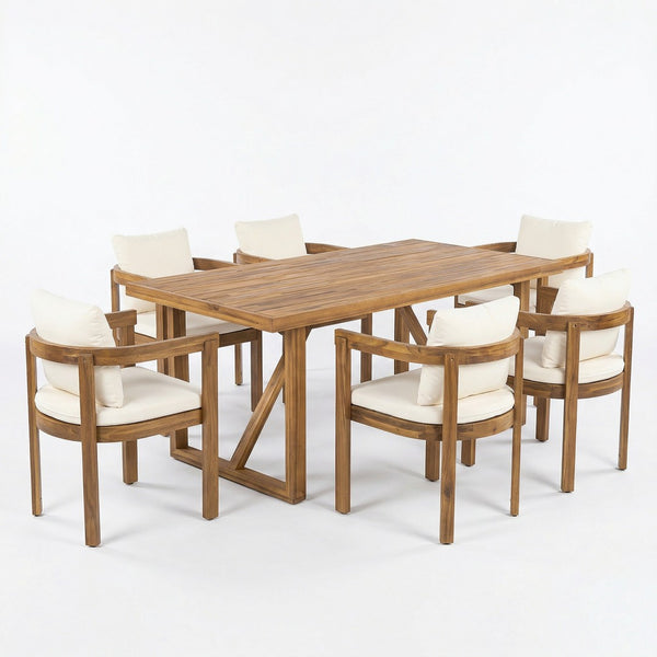 English Elm 7 Piece Solid Acacia Hardwood Outdoor Dining Set with Cream Cushioned Chairs Patio Teak N762P371718D_N762P380633A6