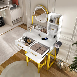 English Elm Makeup Vanity Table with LED Lights, Built-In Outlet & USB, Large Drawers, Hair Dryer Stand White W509P297014