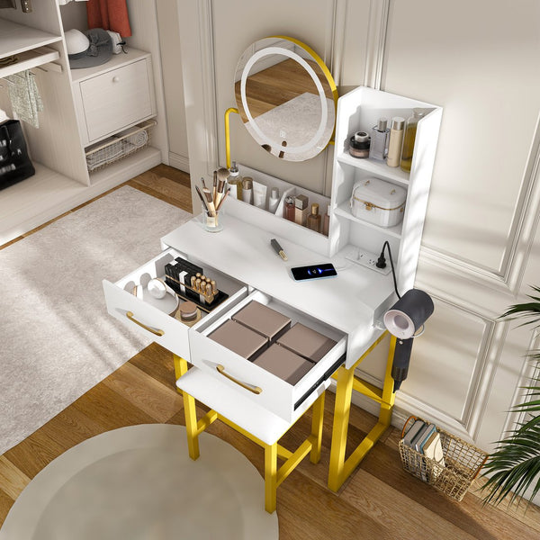 English Elm Makeup Vanity Table with LED Lights, Built-In Outlet & USB, Large Drawers, Hair Dryer Stand White W509P297014