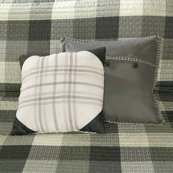 JLA Home Madison Park - 6 Piece Printed Herringbone Quilt Set with Buffalo Plaid Reversible Design and Embroidered Pillows Grey MP13-4681