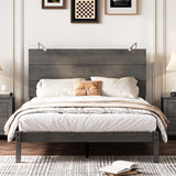 English Elm Farmhouse Wooden Platform Full Size Bed, Modern Platform Bed With Two Bedside Lights, Antique Gray