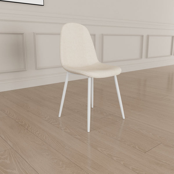 English Elm Dining Chair Set of 4 Beige Linen Upholstered Spoon-Shape Seats with White Metal Legs, Mid-Century Modern Comfort and Floor-Protecting Pads W2189P190477
