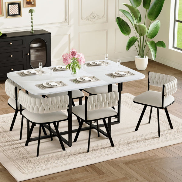 English Elm 7-piece Dining Set Tufted Velvet Chairs Melamine Table Modern Farmhouse Kitchen Beige,White W3875S00117