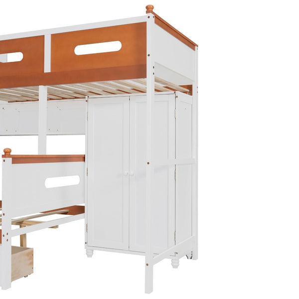 English Elm Twin Over Full Wooden Bunk Bed With Stylish Storage, Led Light, Drawers, And Wardrobe In White & Orange N820S00063K-GIGA