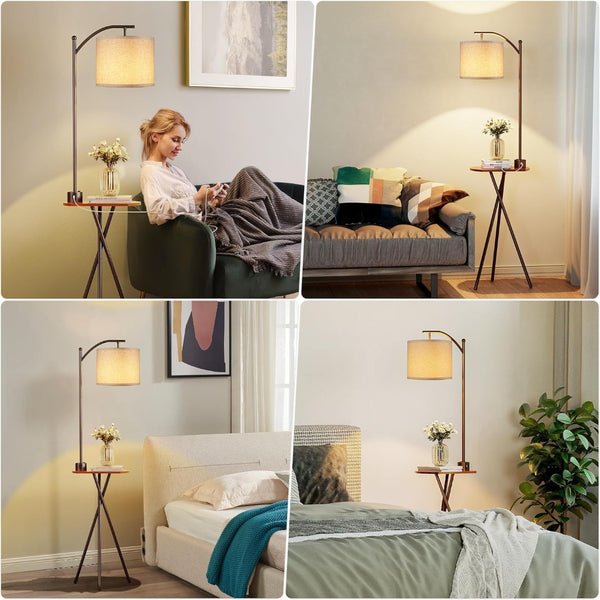 English Elm Floor Lamp with Built-in Side Table Usb Charging Remote Dimming for Living Room Brown W3355P440816