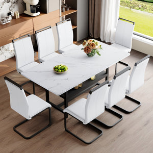 English Elm Table And Chair Set: Modern White Grain Dining Table With Storage & 8 Pu Chairs For Stylish Spaces W1151S04273-GIGA